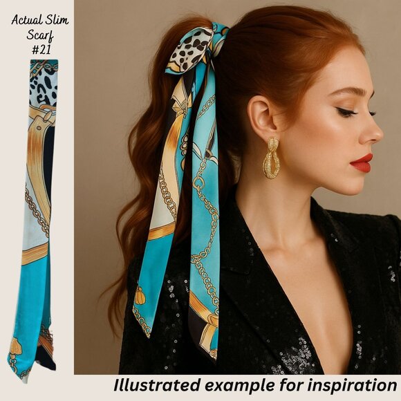 Turquoise Chain Print Slim Silk Scarf 34in Nautical Glam Retro Style Hairband - Picture 7 of 7